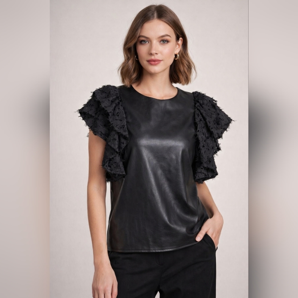THML Black Faux Leather Top with Ruffled Lace Sleeves, Size Small, EUC